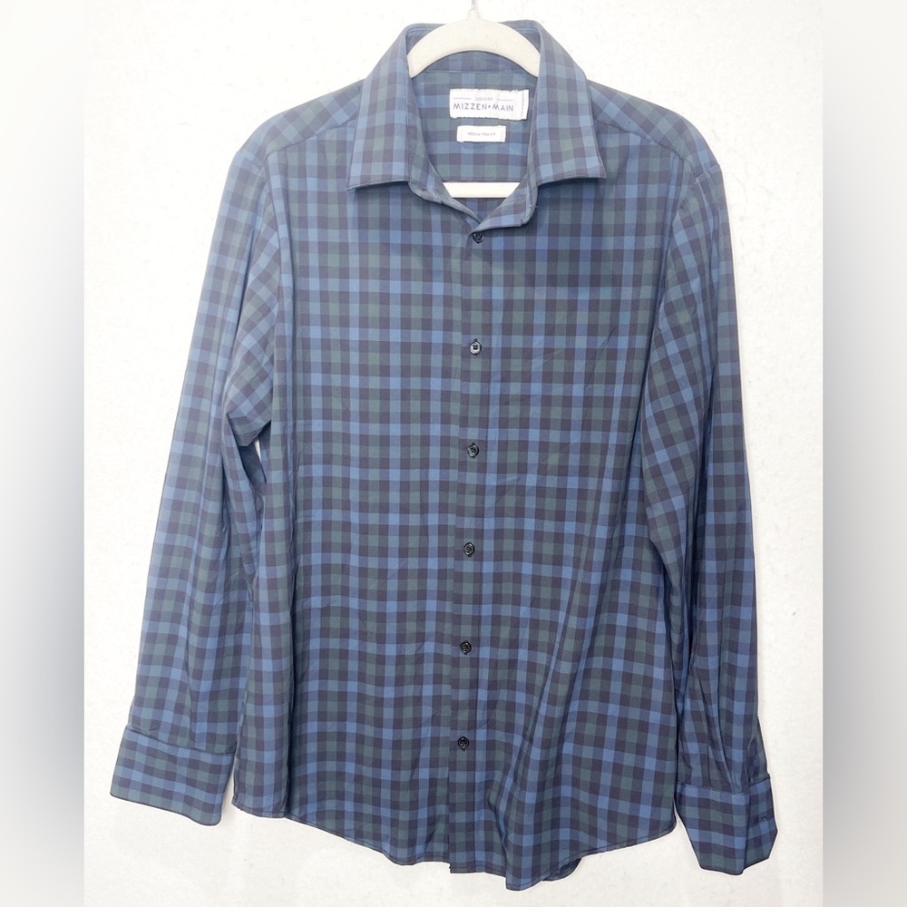 Mizzen+Main Leeward Plaid Shirt Long Sleeve Button Front Size Medium Navy Green
